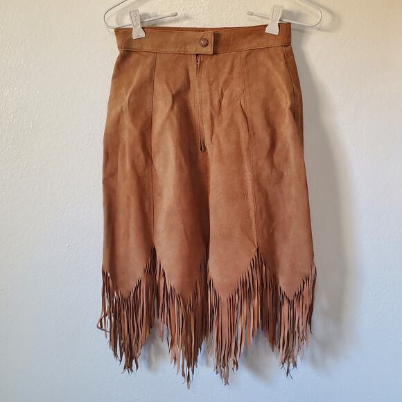 Vintage Suede Fringe Skirt Womens 6 Brown Leather Fringe Zig-Zag Hem 70s? Midi - Picture 1 of 14